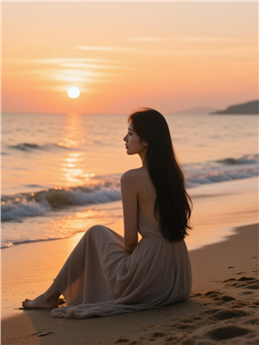 日暮黄昏海边沙滩看落日的美女图片